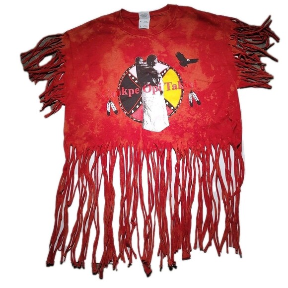 Cankpe Opi Takini Fringed Native Indian Tshirt Red Bleached tee Med Custom - Picture 1 of 5